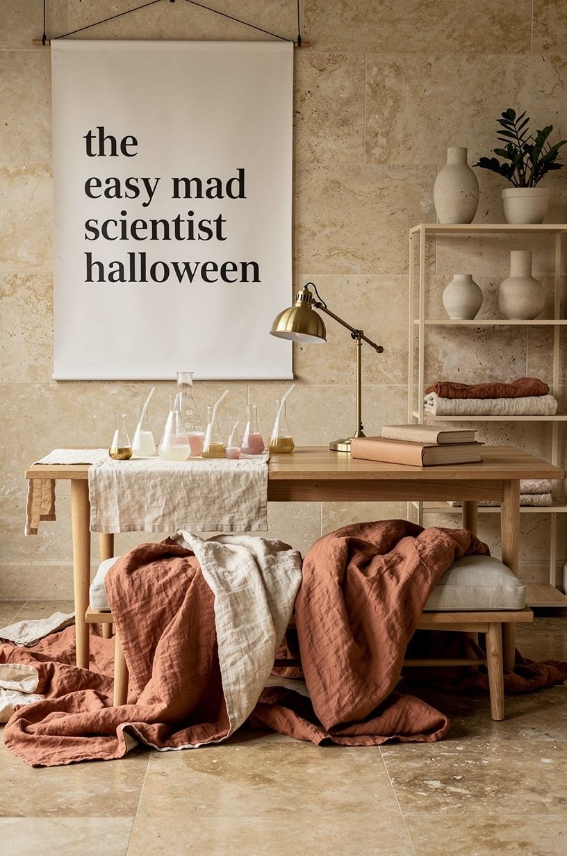 I used bedding to make the science lab party decor feel lived-in, clay palette