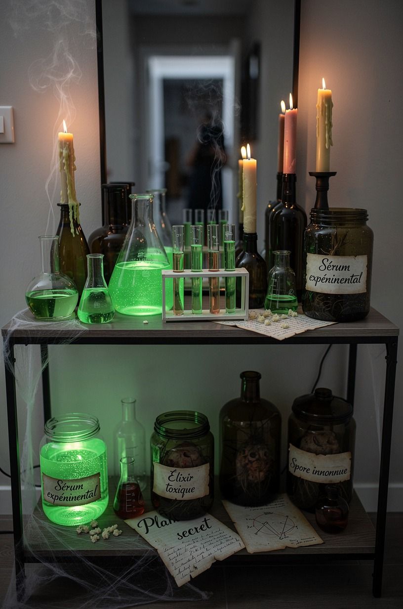 What I’d do differently with this mad scientist Halloween decor, emerald palette