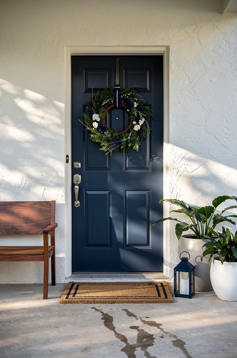 Building a wreath that survives an actual storm, navy palette
