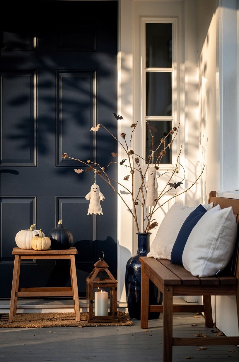 Choose a narrow landing vignette over a crowded pile for Halloween doorstep decorations