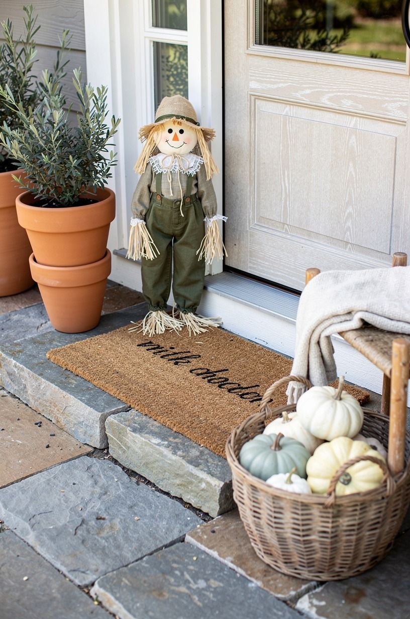 Frame the mat with a soft scarecrow scene for DIY Halloween door decorations