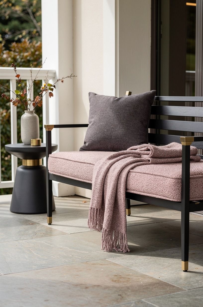 Give the covered bench a soft, removable layer, dusty rose palette