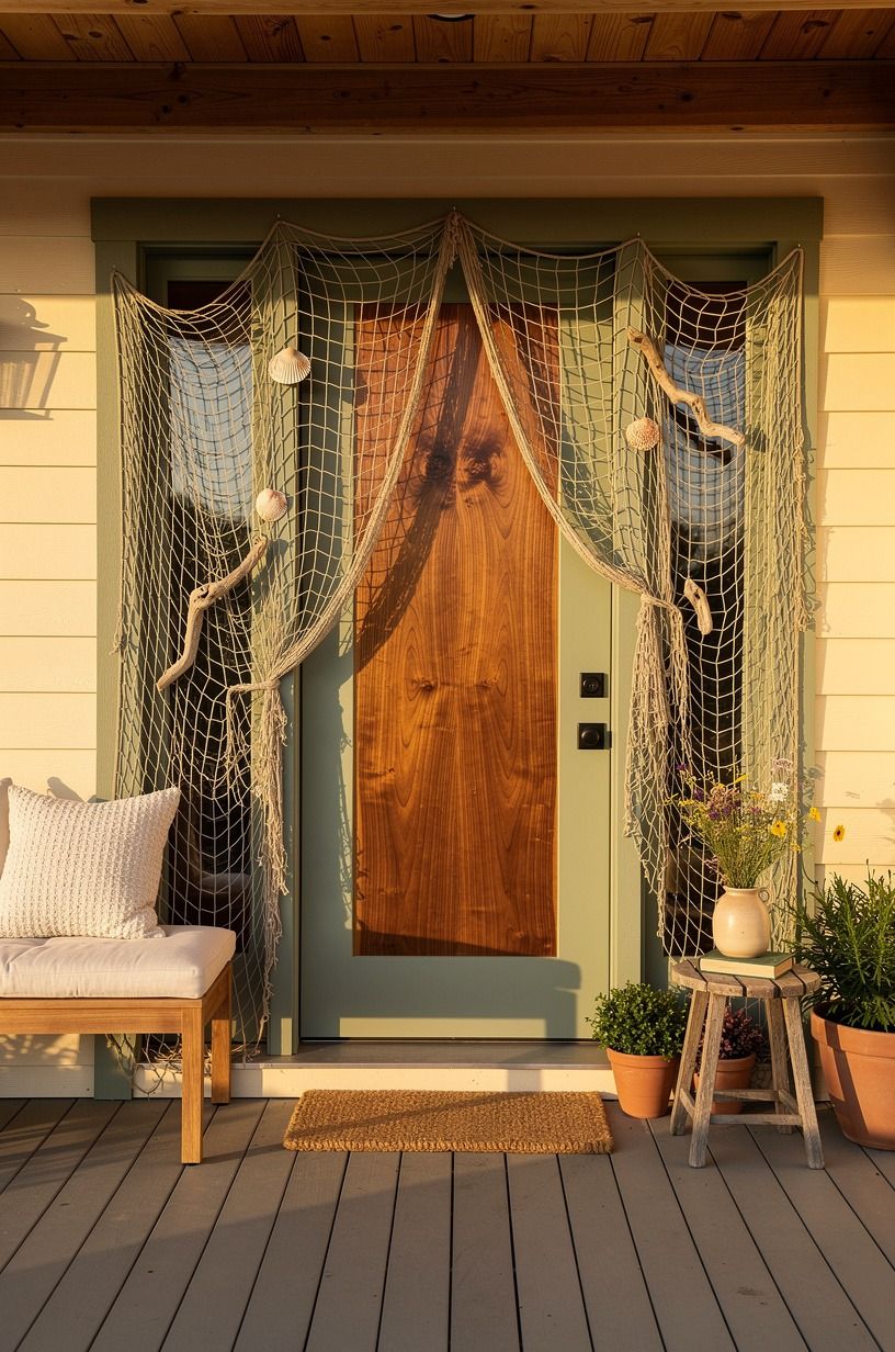 I Framed the Door With Fishing Net Decor, sage green palette
