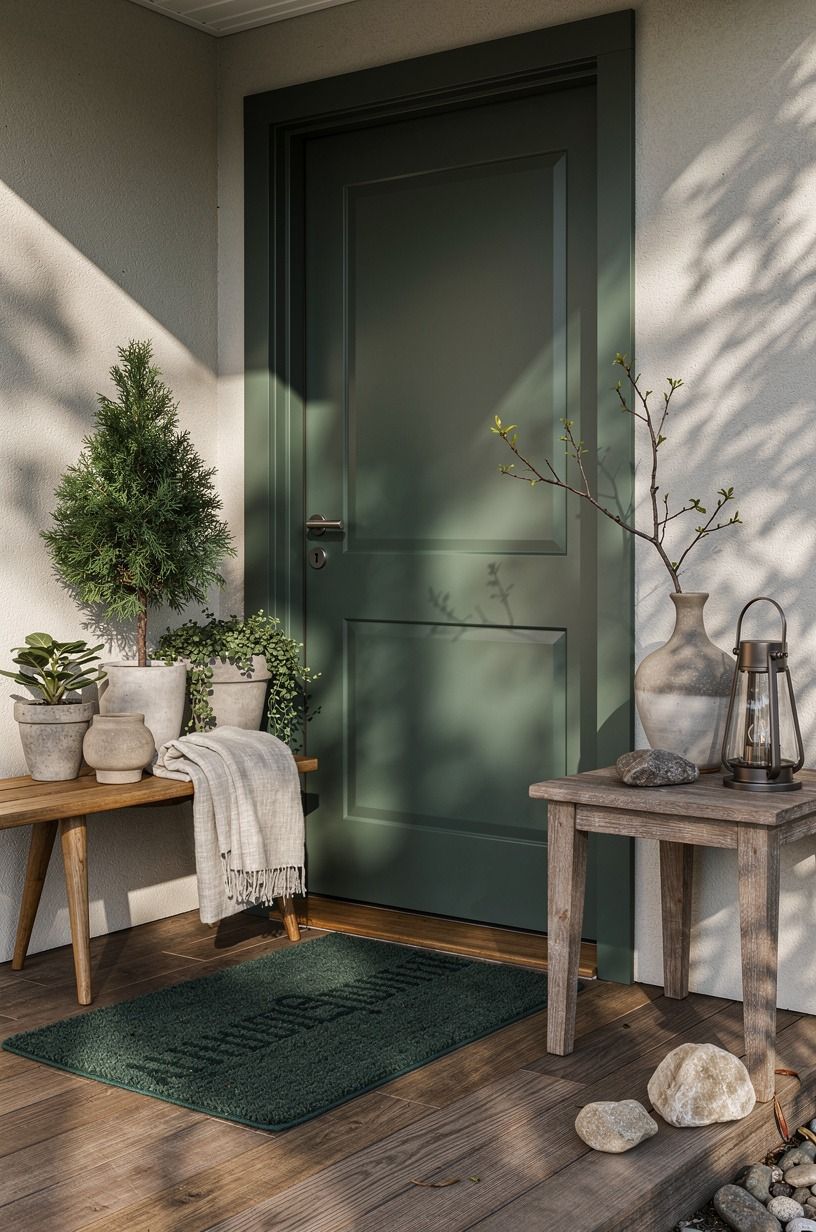Layer the door with rain-proof outdoor decor, forest green palette