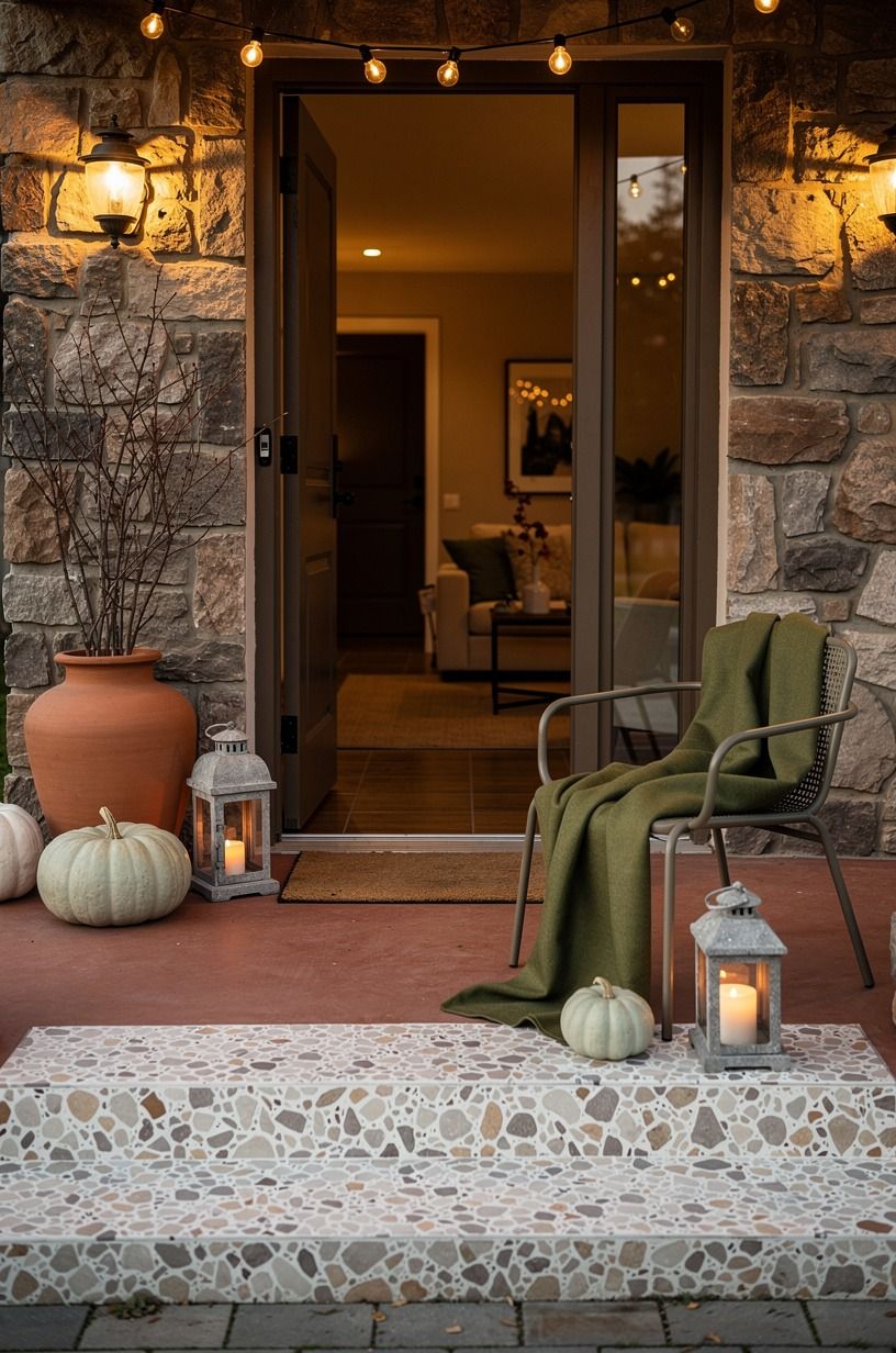 Layer the Three-Texture Threshold for outdoor apartment Halloween decor