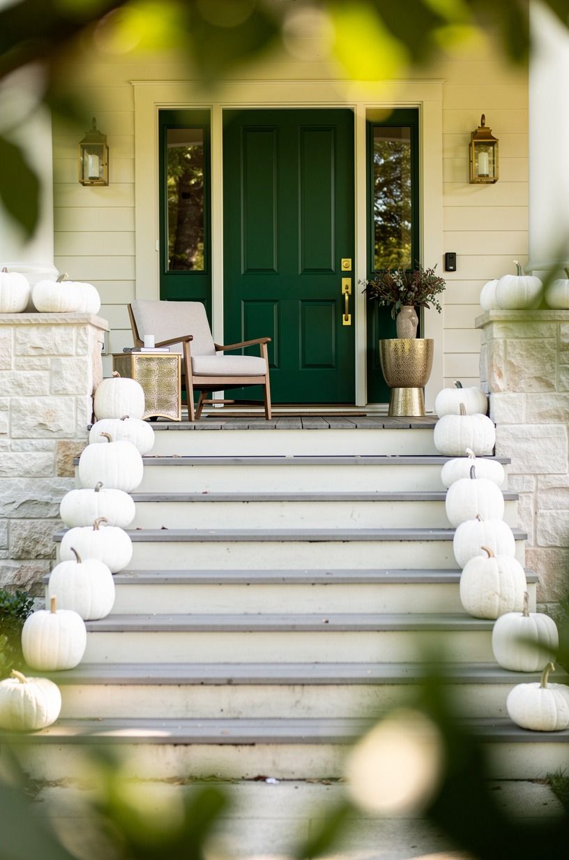Lining the steps with white pumpkins and nothing else, emerald palette