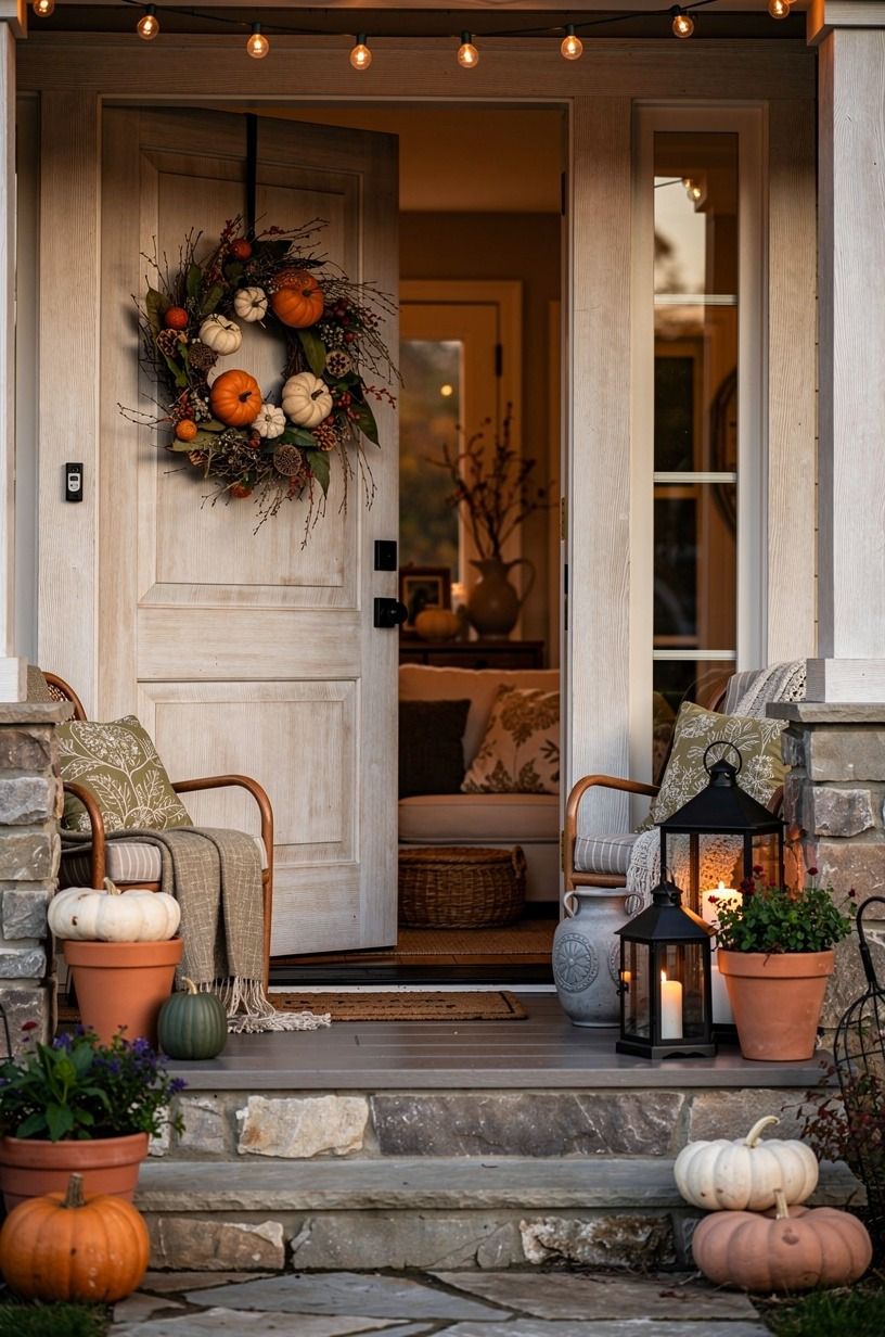 Mix lightweight pumpkins into an outdoor Halloween wreath