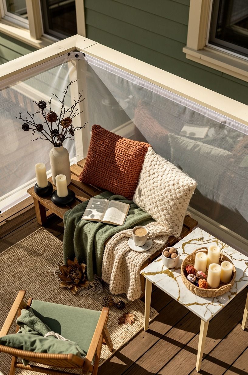 Mix warm textiles with the Renter's Weather Shield for outdoor apartment Halloween styling