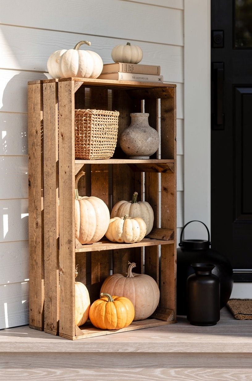 Turn a crate into a vertical pumpkin shelf