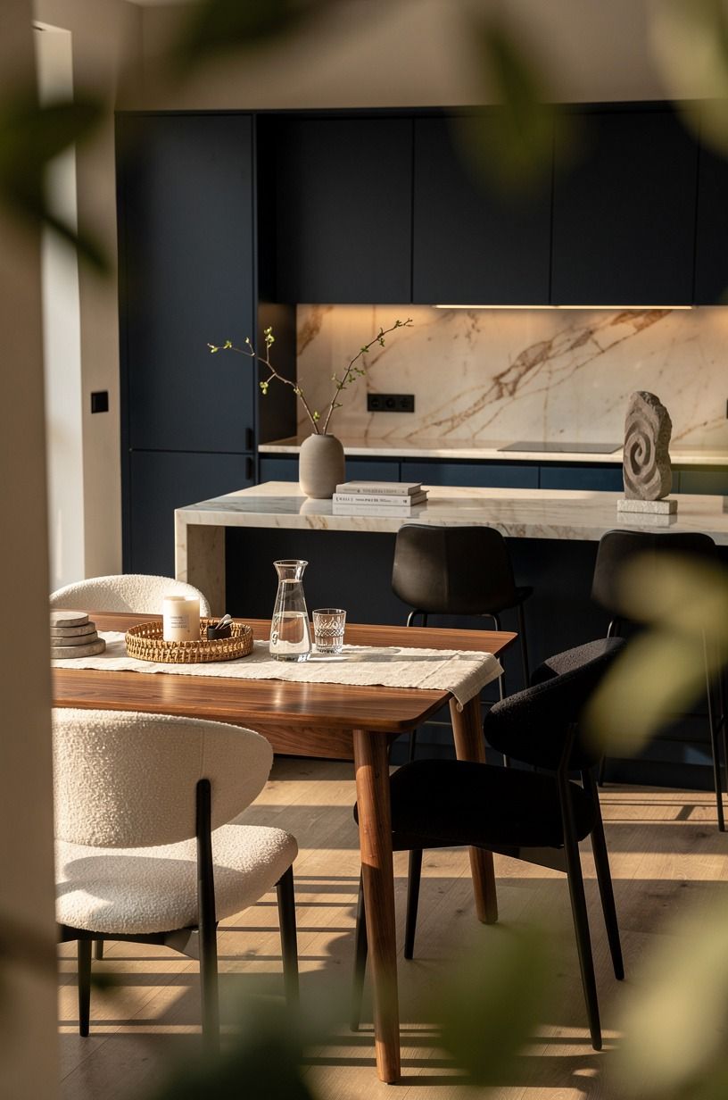 Mix matte black with warm wood carefully