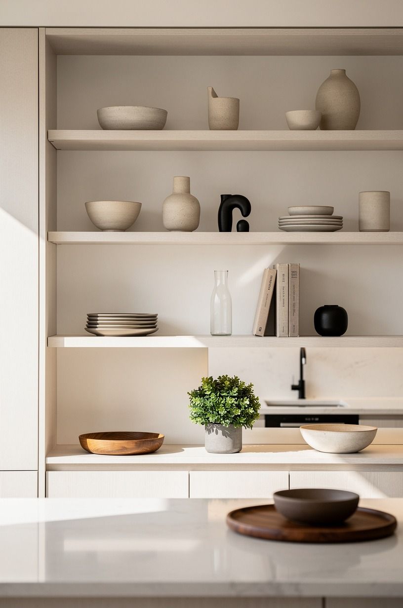 Style open shelves with breathing room