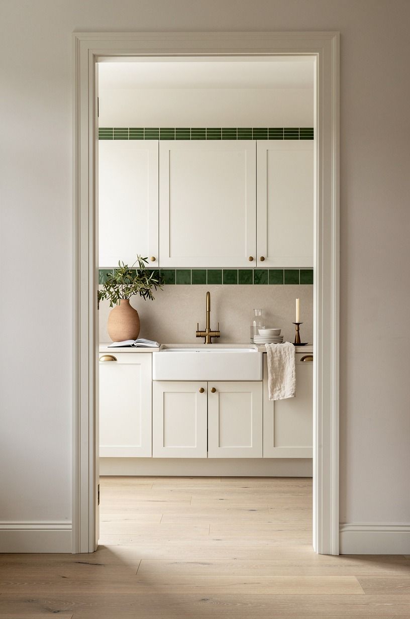 Frame White Cabinets with a Green Tile Border