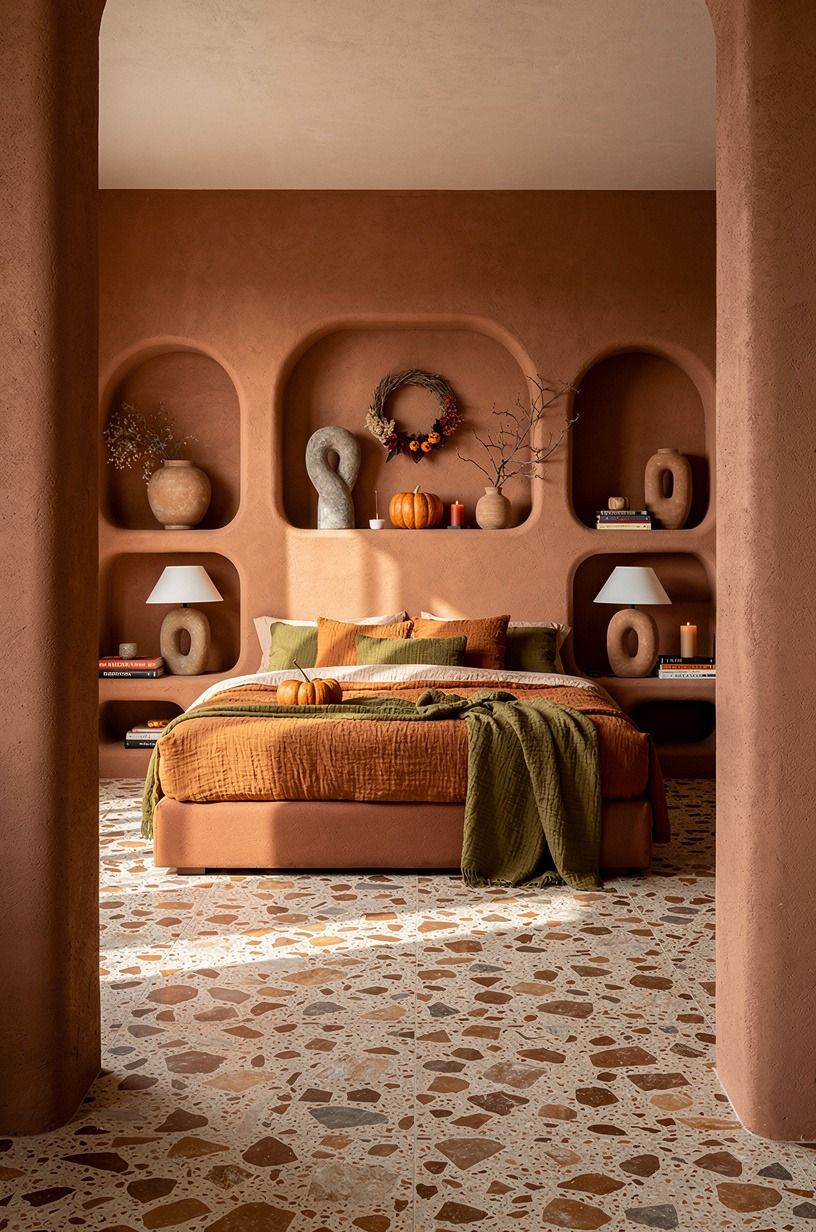 I built the room around one warmer bed, terracotta palette