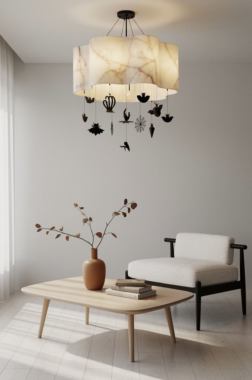 Frame the chandelier with suspended decorations