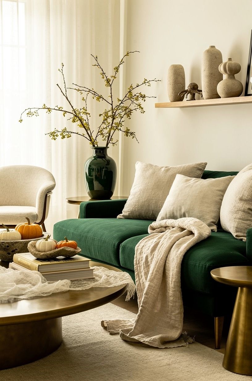 I softened the lighting before adding more decor, emerald palette