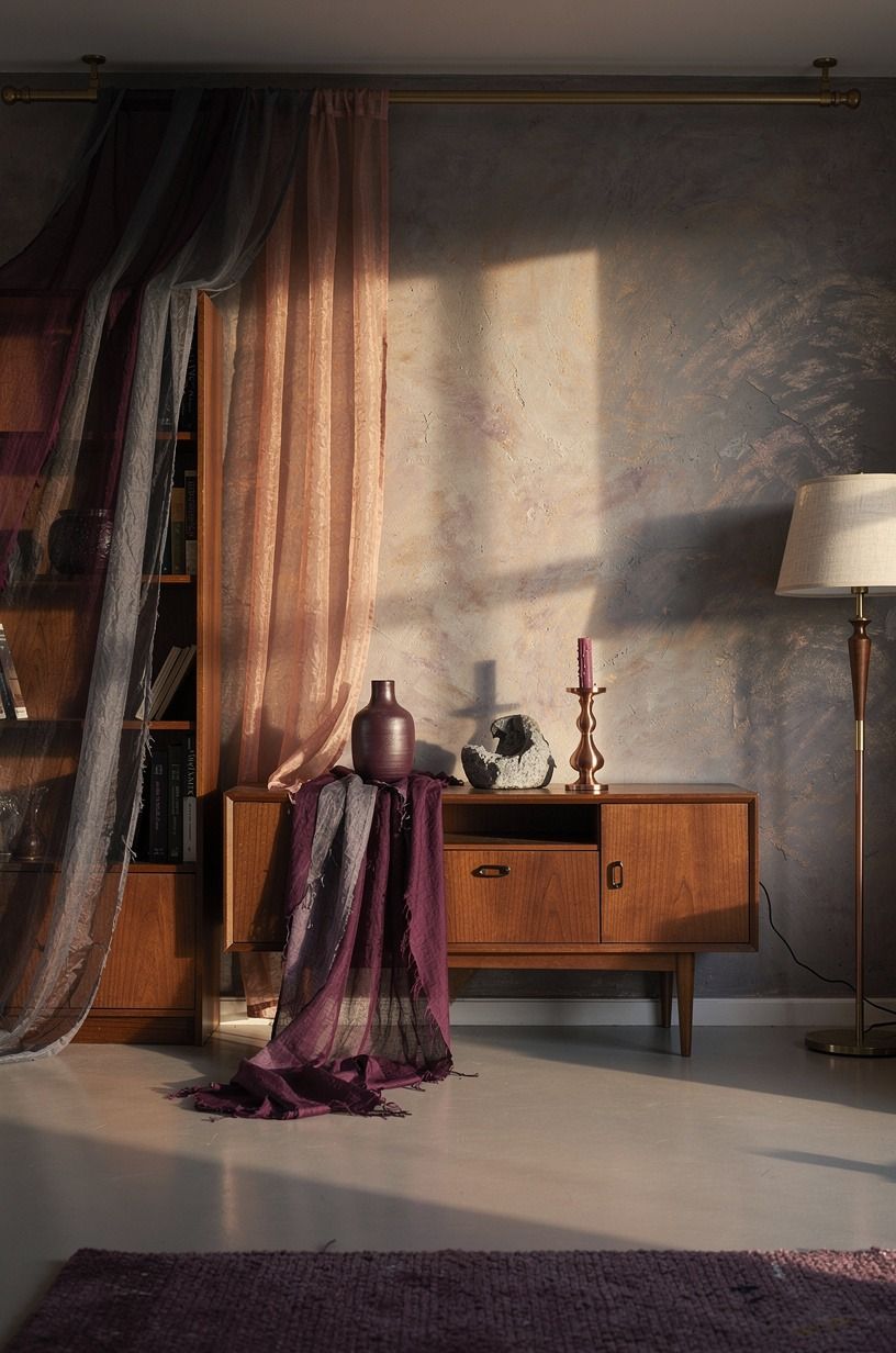 I used fabric to make the room feel haunted, plum palette