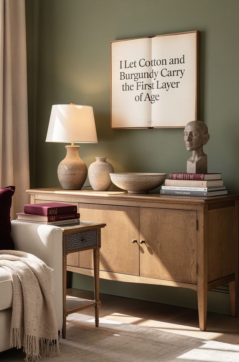 I Let Cotton and Burgundy Carry the First Layer of Age, sage green palette