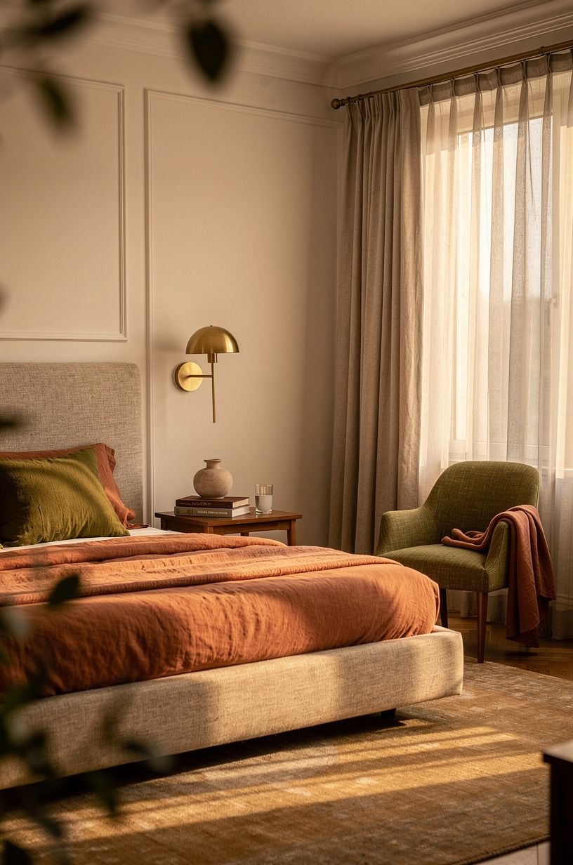 Where I’d start in my own bedroom again, terracotta palette