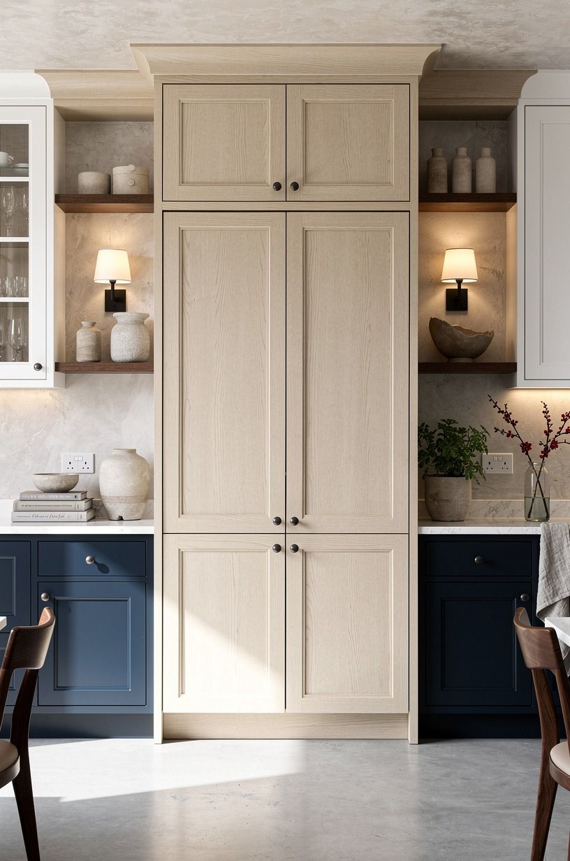 Add a pale oak pantry wall with 30 to 42 in uppers