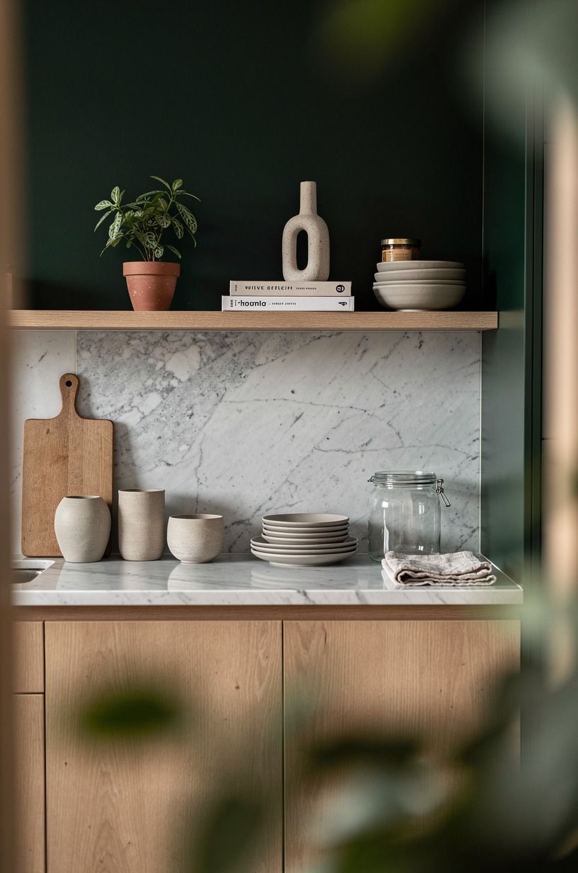 Float a narrow shelf above the diy kitchen backsplash