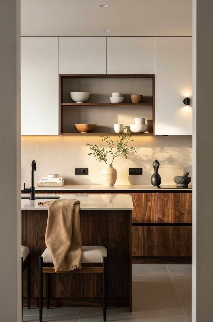 Float shelves where upper cabinets pinch the room