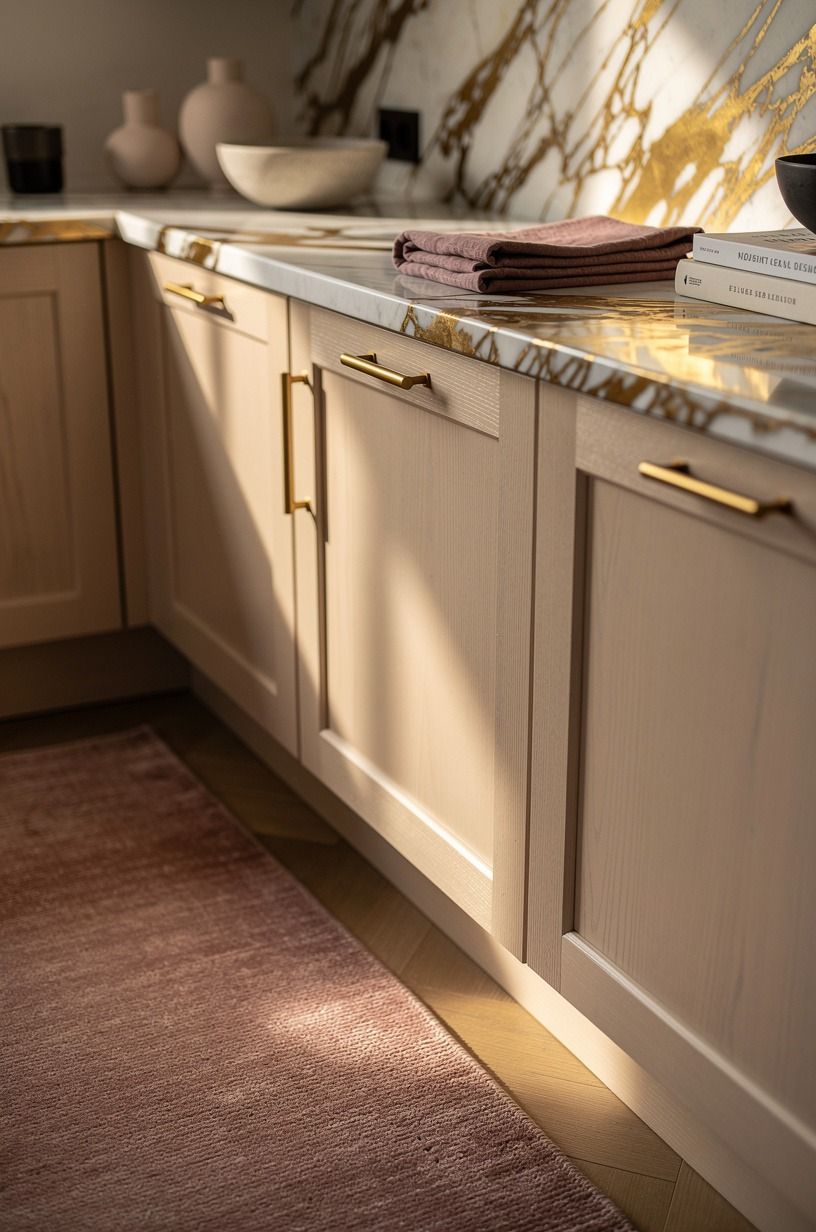 Frame a light wood cabinet kitchen with a warm runner