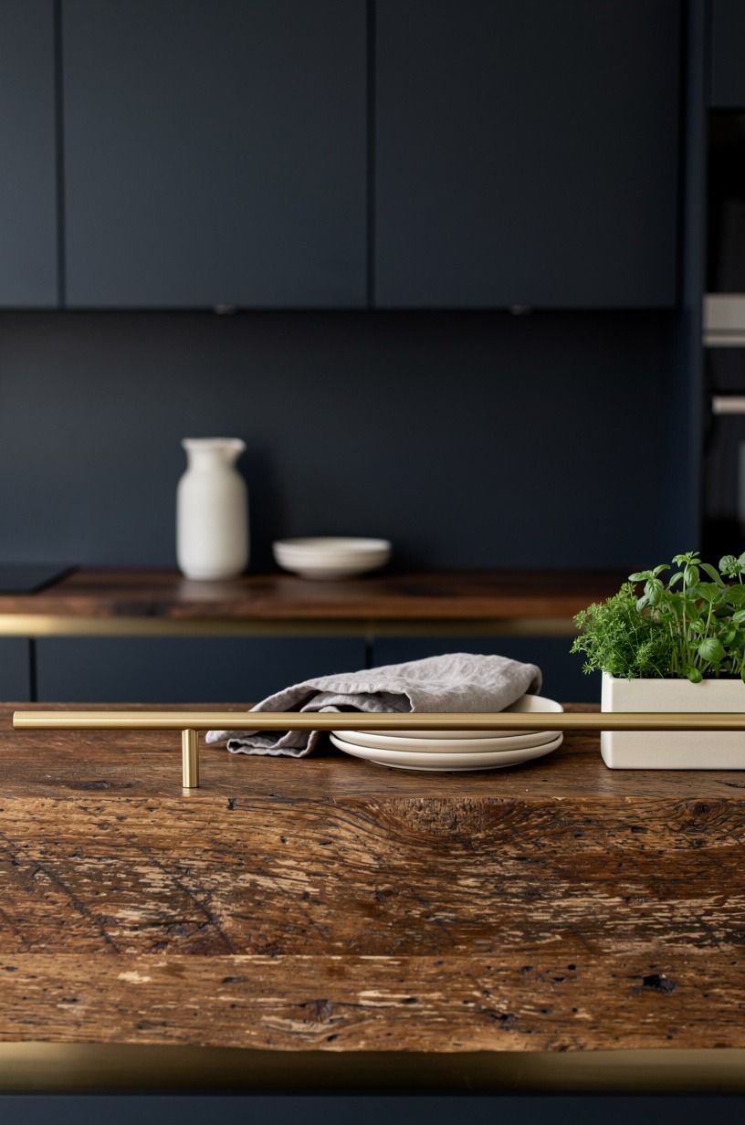 Hang a brass rail and soften the counter below