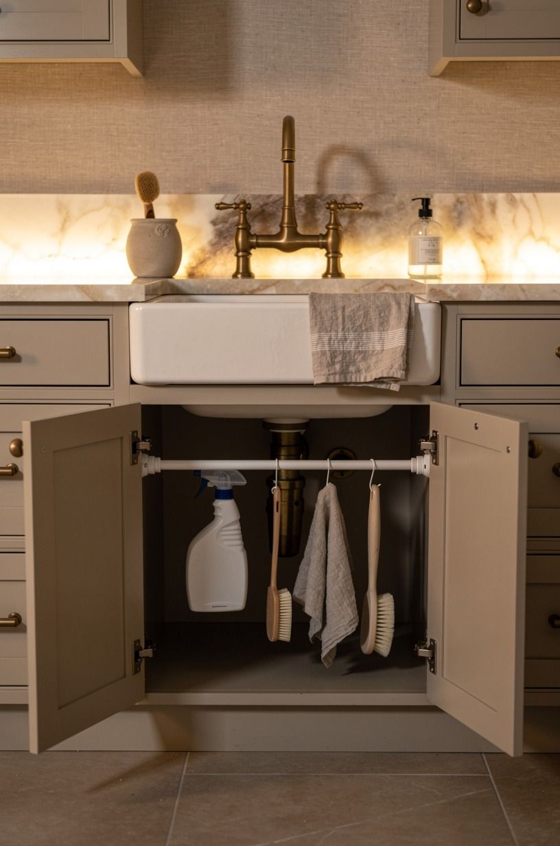 Hang a Tension Rod Under the Sink for Hidden Storage