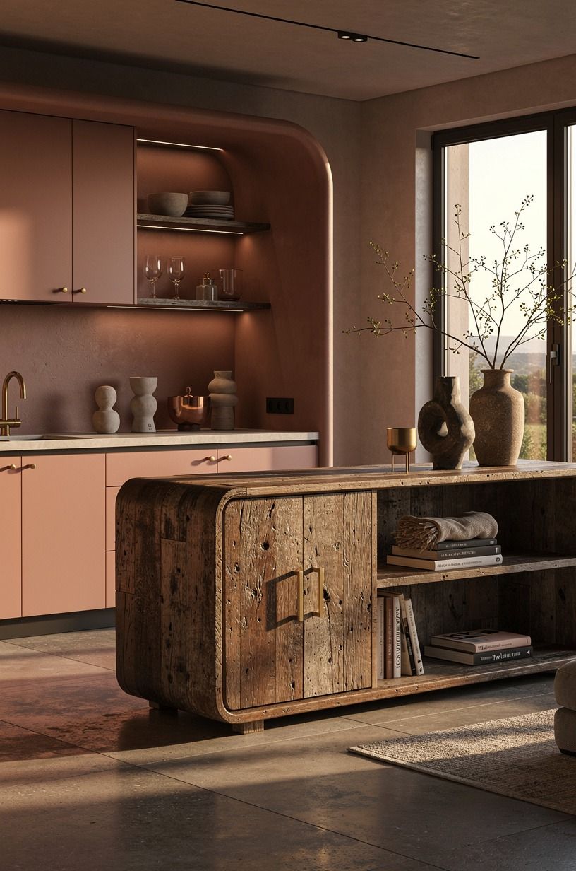Mix one earthy color with bright cabinets