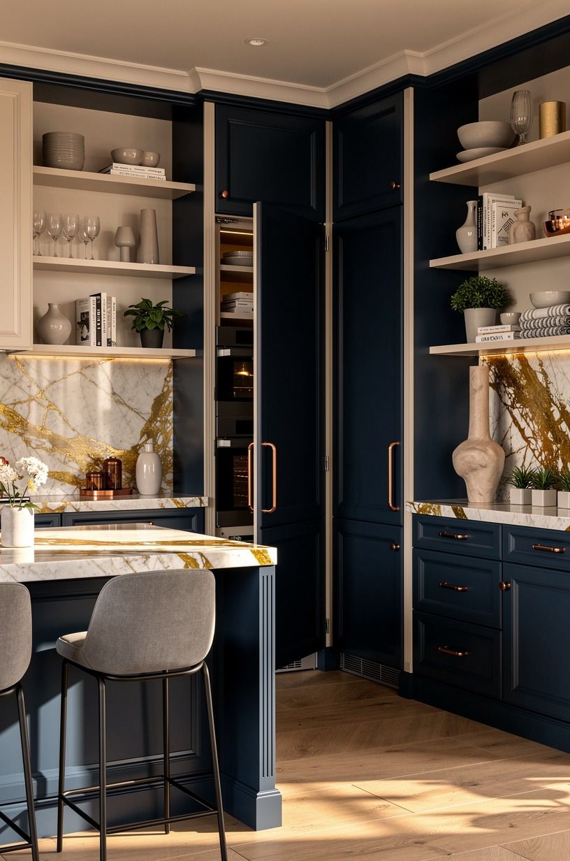 Mix open storage with a hidden appliance zone