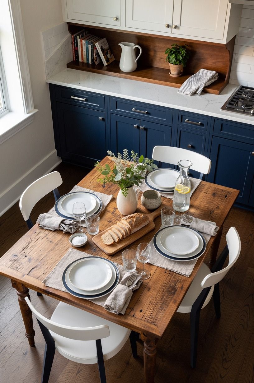 I Lowered the Arrangement for Real-Life Dinners, navy palette