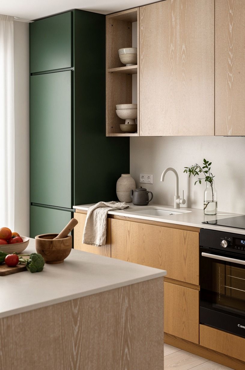 Use the Two-Wood Rule to soften parallel cabinets