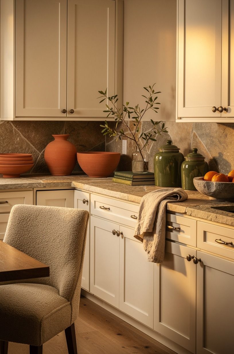 Warm up light natural wood kitchen cabinets with White Dove