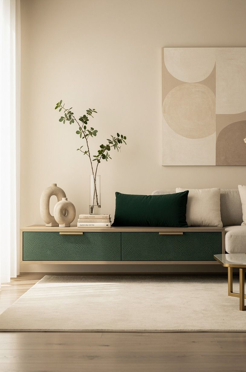 Float a storage bench behind the sofa (The Landing Strip Rule)