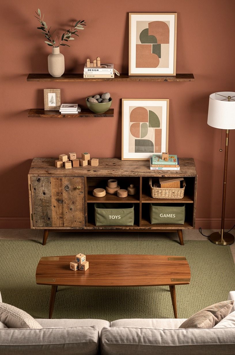Hang picture ledges above a low toy cabinet
