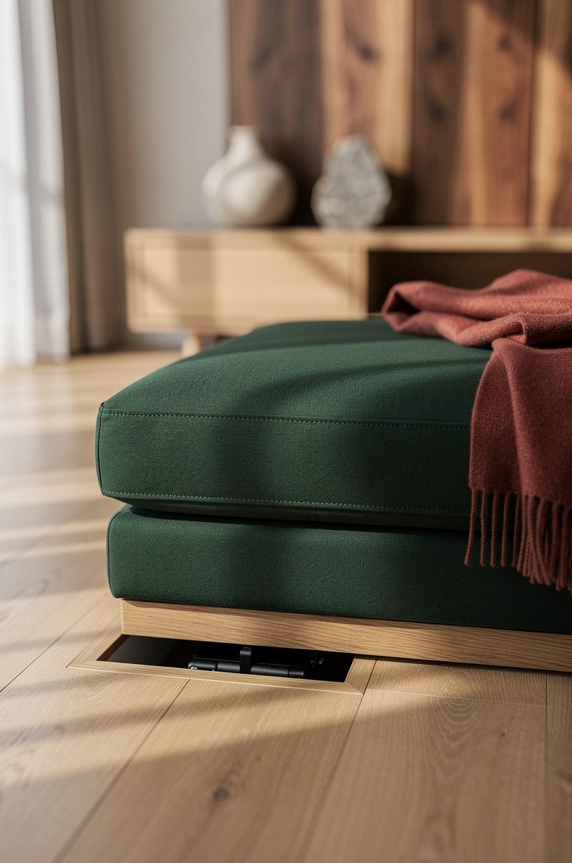 Hide floor storage inside a tailored ottoman