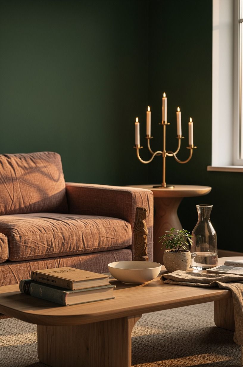 I built a candlelit candelabra decor moment, forest green palette