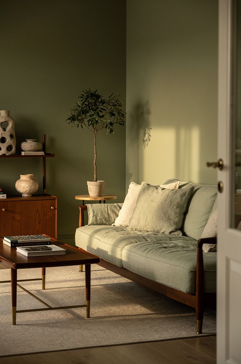 I let the lighting do the unnerving work, sage green palette