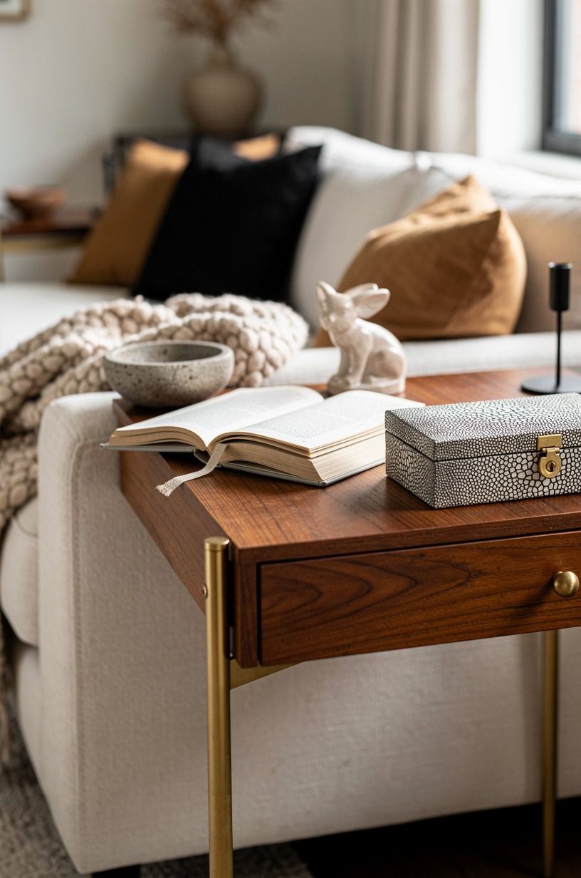 I made the sofa corner look lived-in, not staged, warm white palette