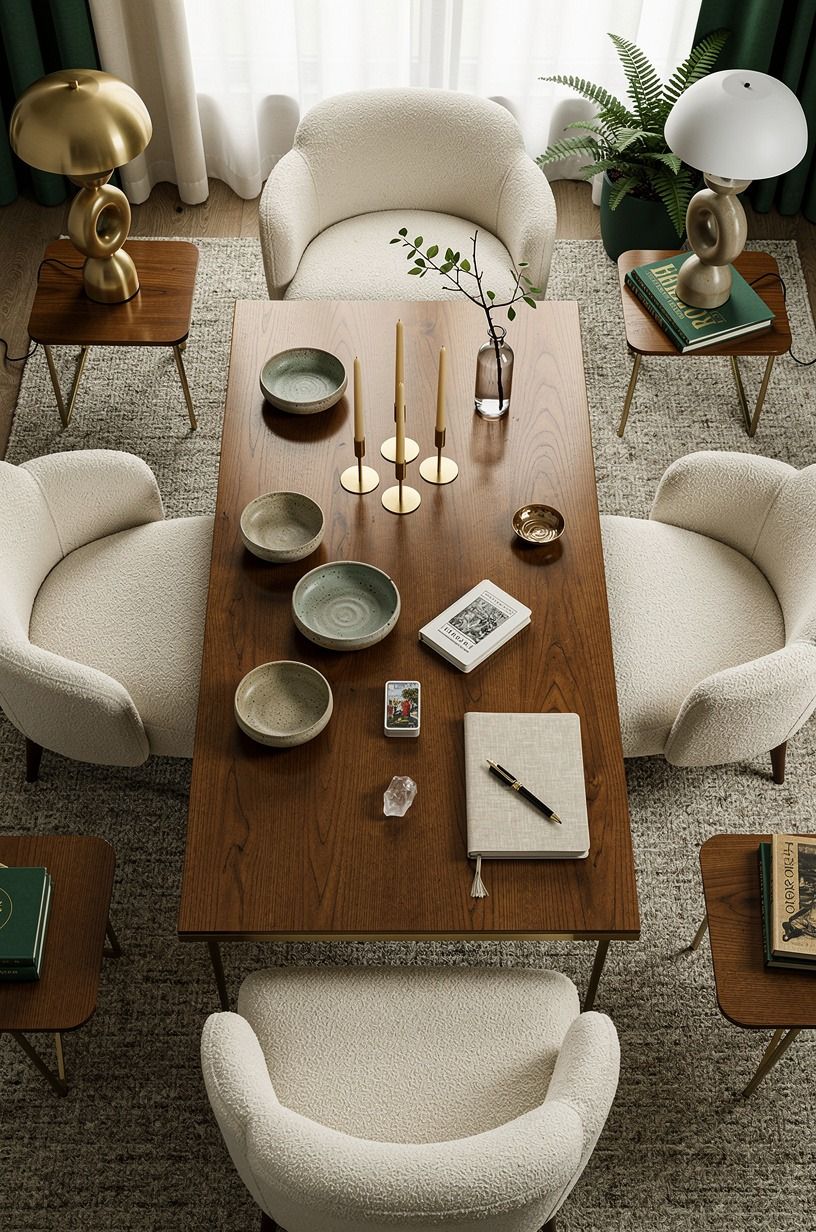 I started with the table where the séance would happen, emerald palette
