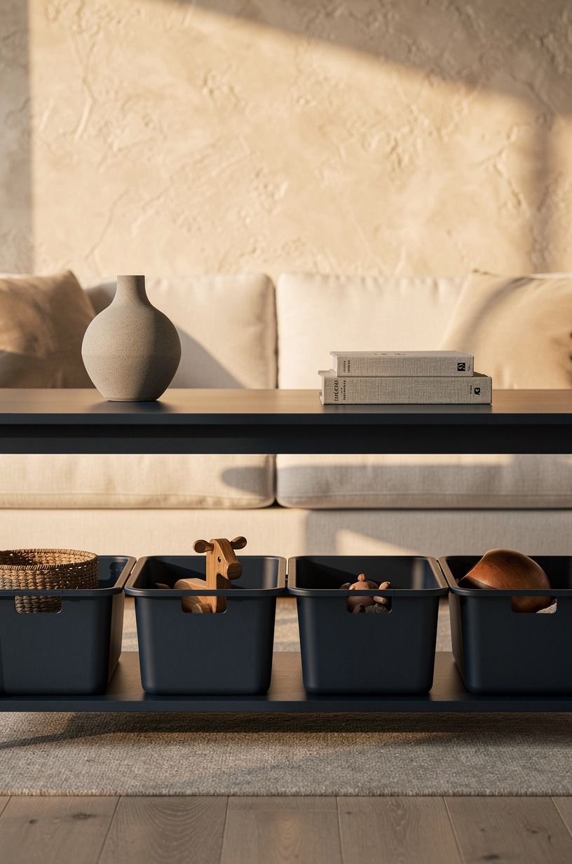 Layer a sofa table over toy bins (The Double-Depth Move)