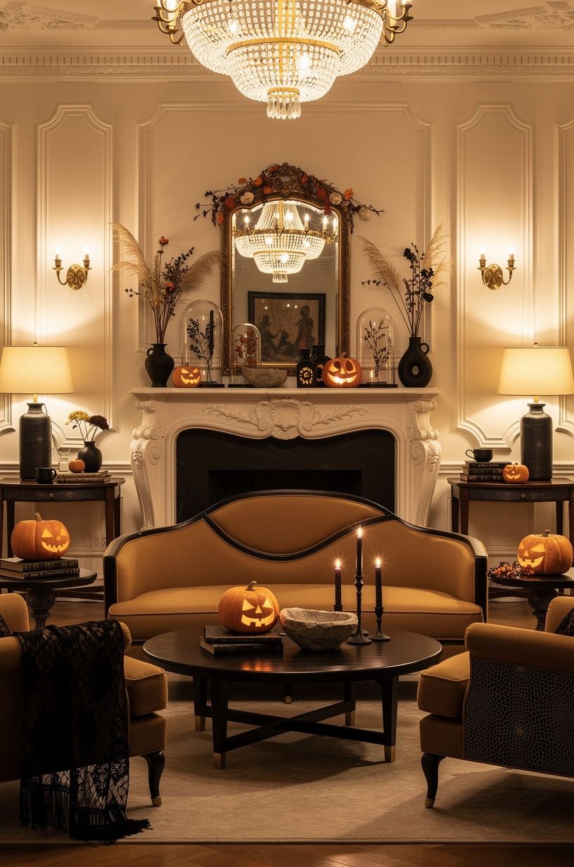Layer Victorian Halloween living room lighting at three heights