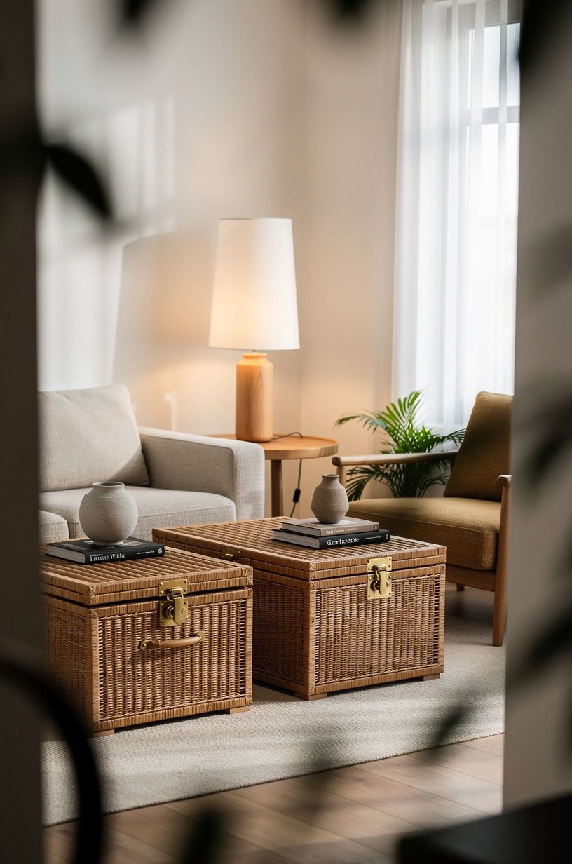 Swap open baskets for lidded wicker trunks