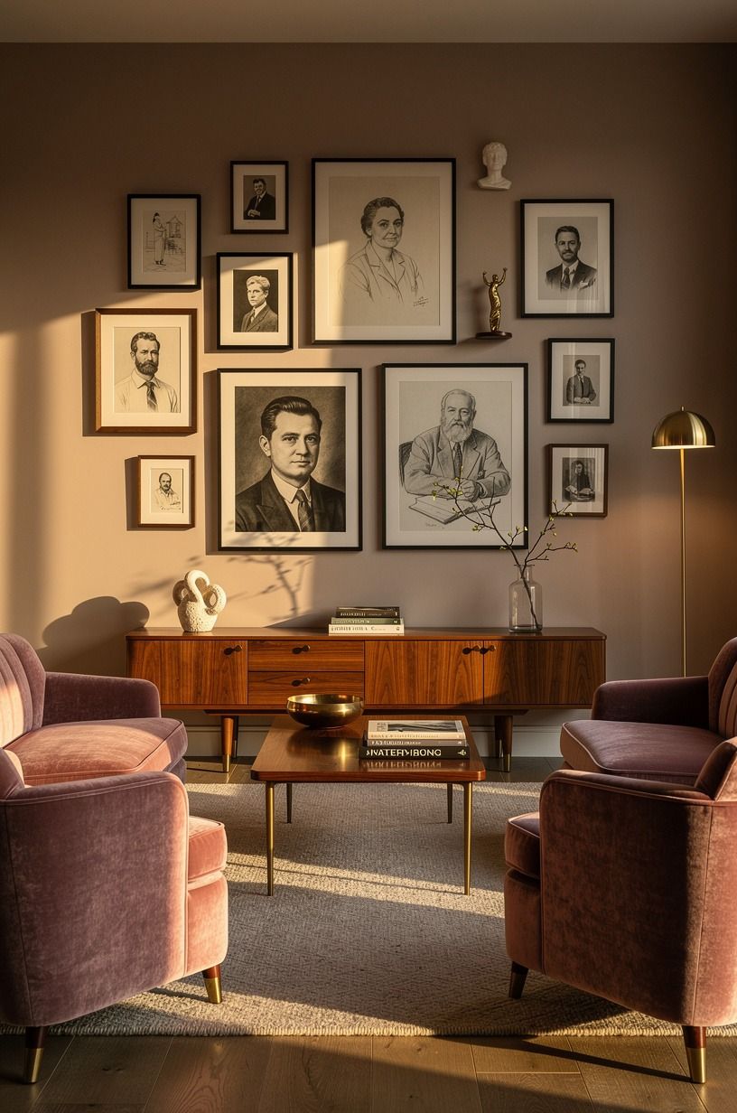 The portrait wall got its own little story, dusty rose palette