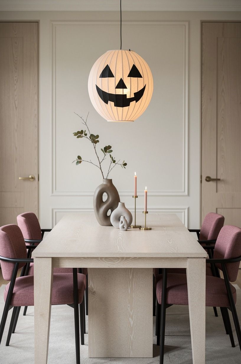 Float one paper lantern above the dining table (modern halloween interior)