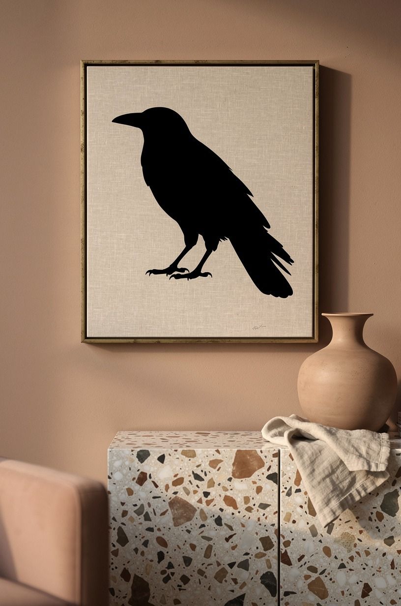 Frame a single raven silhouette over a gallery wall (design forward halloween)