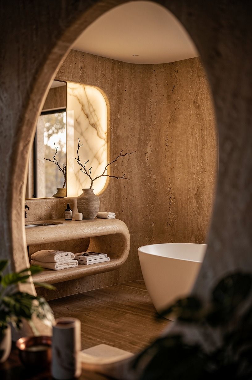 Warm the Walls With Travertine Texture, midnight blue palette
