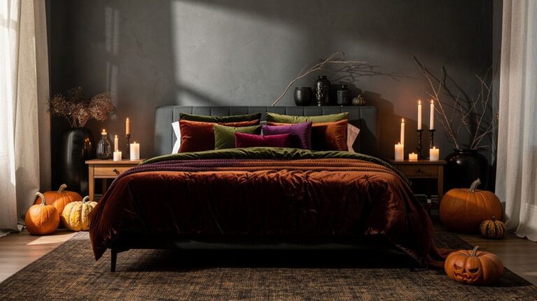 Cozy Moody Adult Bedroom: Velvet, Wax Drips and Cartoon-Free Halloween Decor