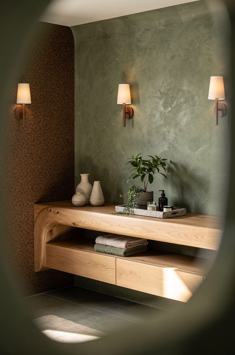 I Added Brown Bathroom Wallpaper in One Small Zone, forest green palette