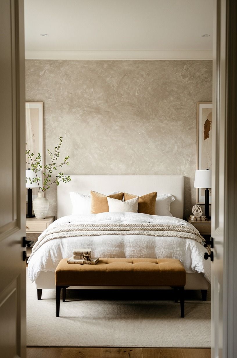 I softened the white bed with organic layers, warm white palette